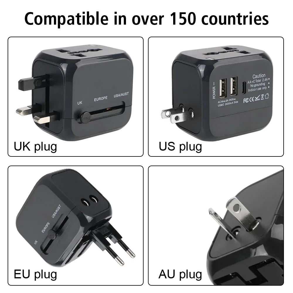 Pas sans moi ! Adaptateur voyage universel – Prises US EU UK AU + 2 USB & 1 USB-C
