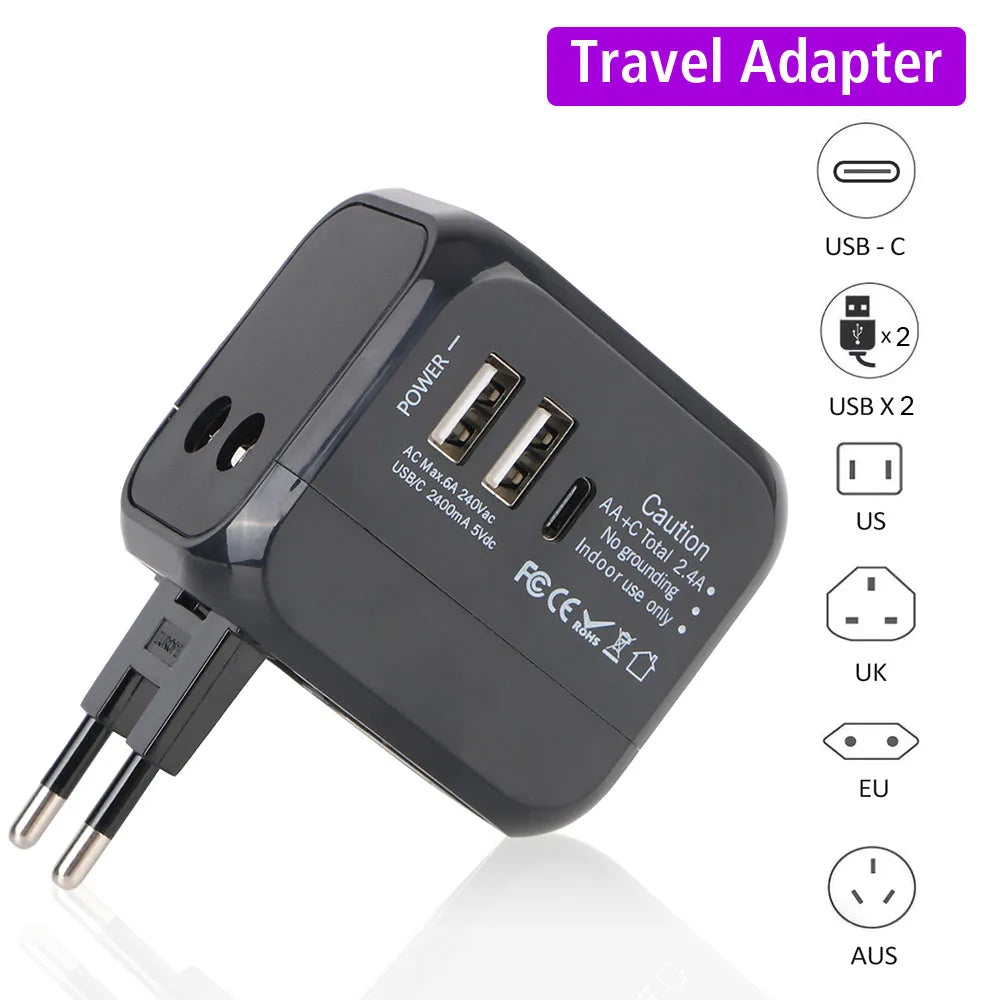 Pas sans moi ! Adaptateur voyage universel – Prises US EU UK AU + 2 USB & 1 USB-C
