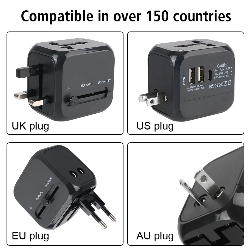 Pas sans moi ! Adaptateur voyage universel – Prises US EU UK AU + 2 USB & 1 USB-C